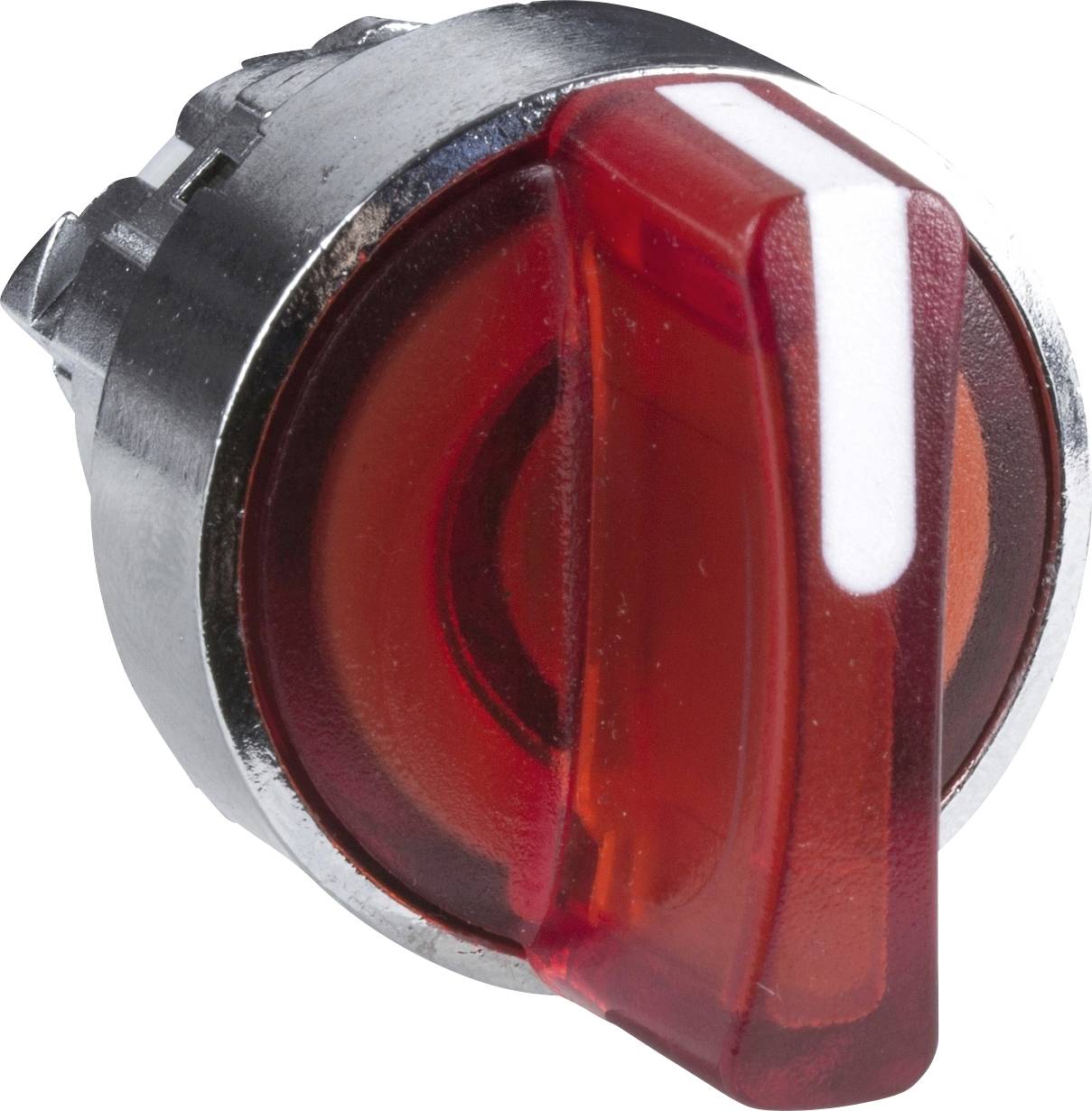 Roter Drehknopf aus Kunststoff und Metall, vermutlich Teil eines elektrischen Schalters oder Geräts, vor weißem Hintergrund.