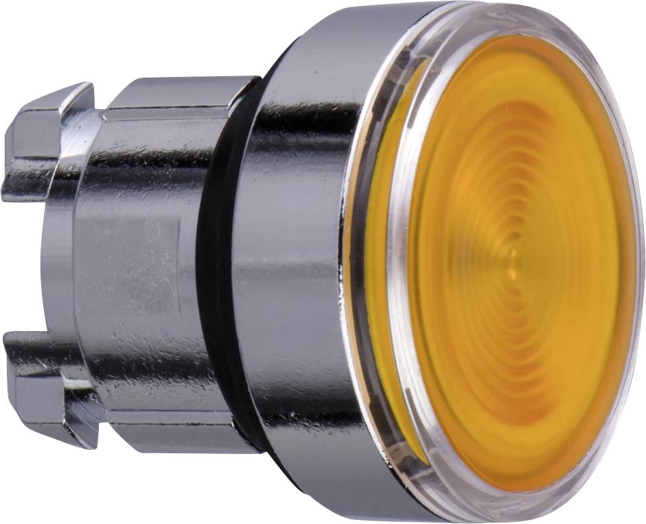 Eine runde, gelbe Kontrollleuchte mit einem silbernen Metallrand, die für industrielle Anwendungen verwendet wird.