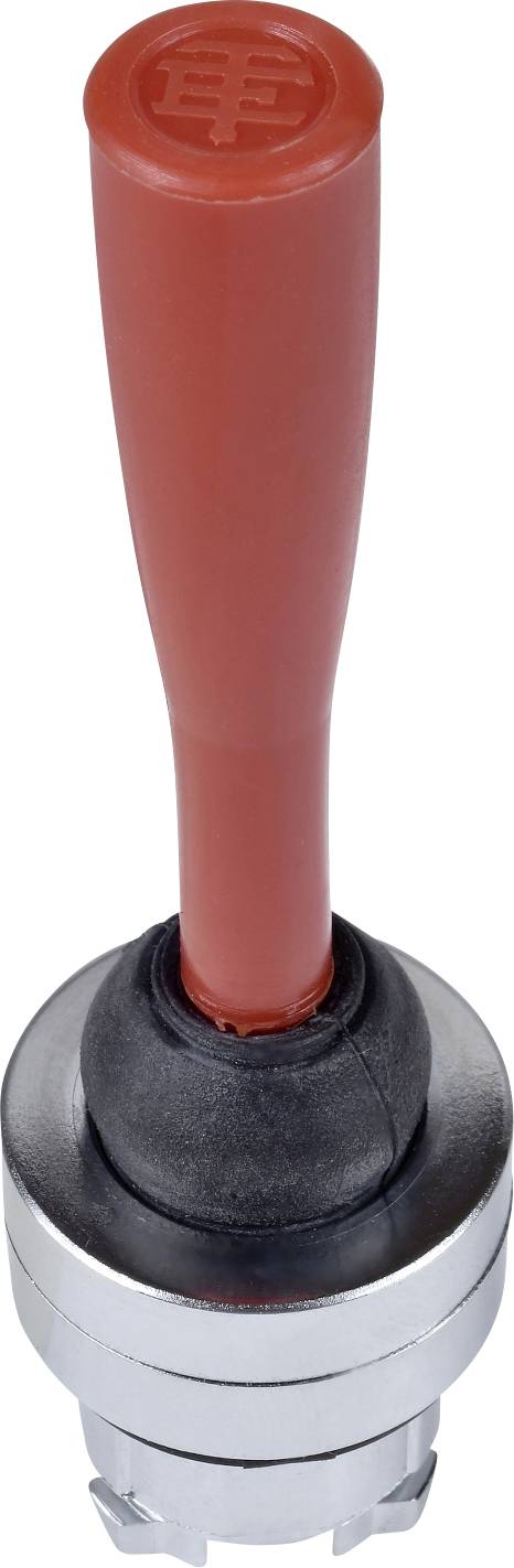 Ein roter Schalthebel mit silberner Metallbasis, oft in Maschinen oder Geräten verwendet, um Funktionen zu steuern oder anzupassen.