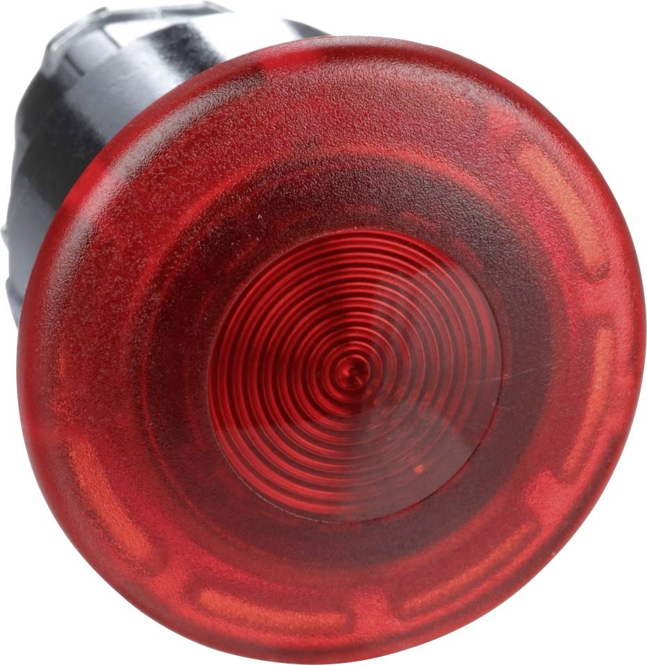 Roter Not-Aus-Schalter in Nahaufnahme, der für Sicherheitszwecke in Maschinen- oder Industrieanlagen verwendet wird.