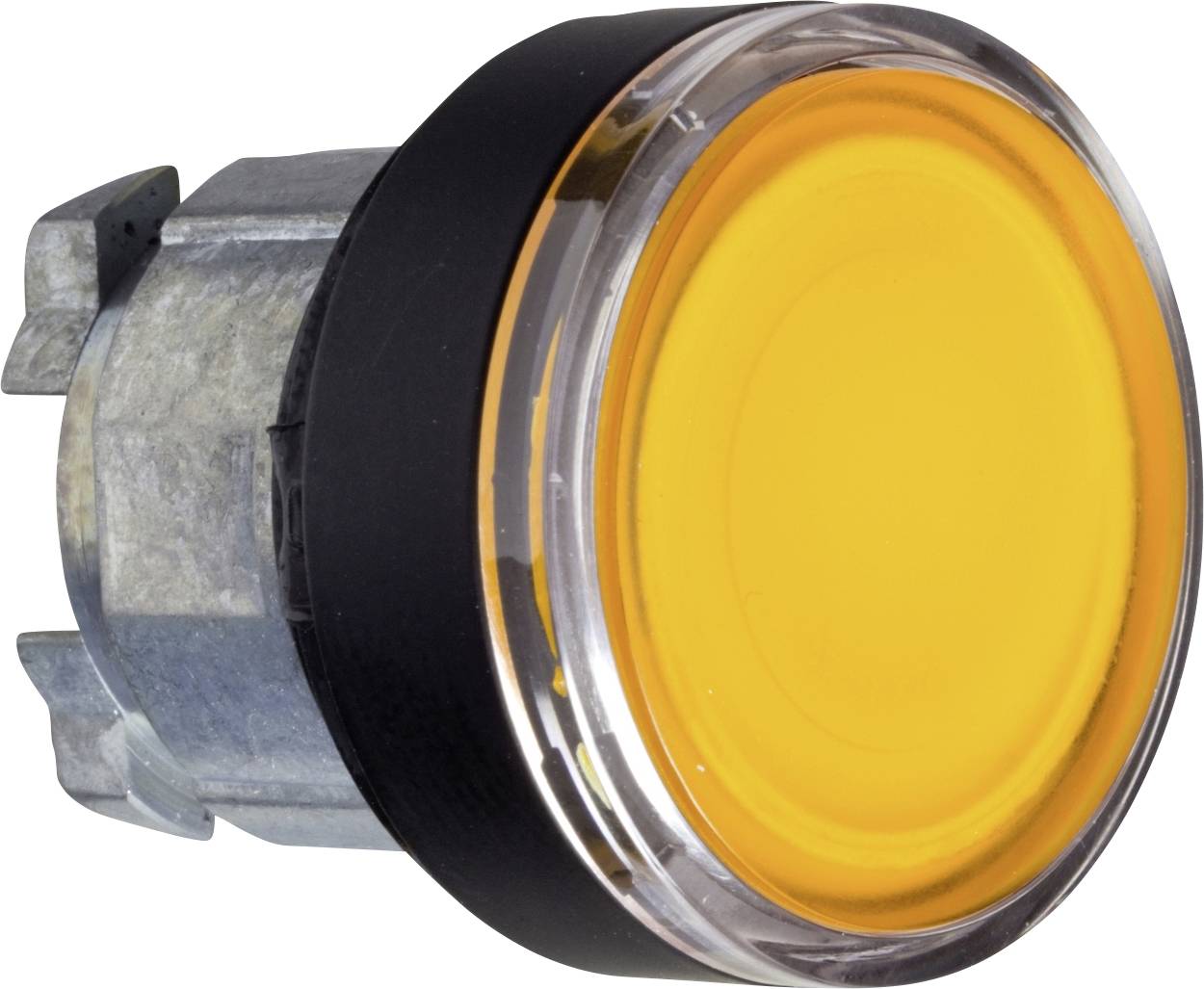 Runder, leuchtend gelber Knopf in metallischer Fassung, vermutlich ein Signal- oder Bedienelement, vor neutralem Hintergrund.