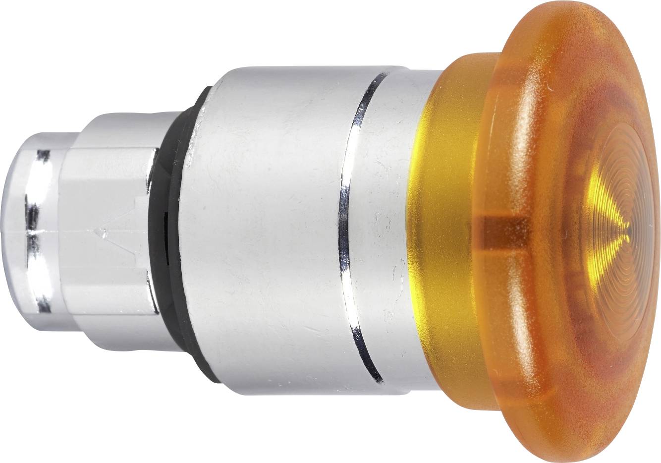 Ein großer, runder, orangefarbener Druckknopf mit silbernem Gehäuse, typisch für industriellen Einsatz oder Maschinensteuerung.