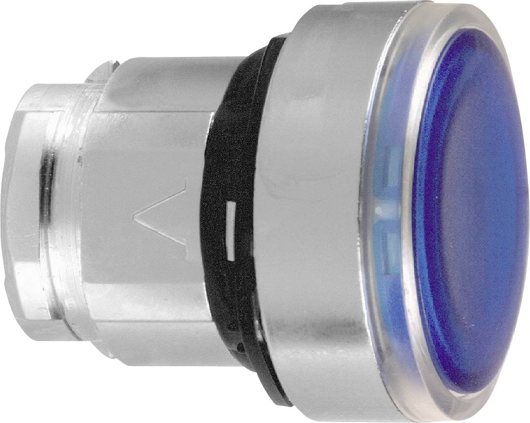 Ein blauer, runder Druckknopf mit silbernem Rahmen, typisch für industrielle Steuerungspanels und Maschinenbedienfelder.
