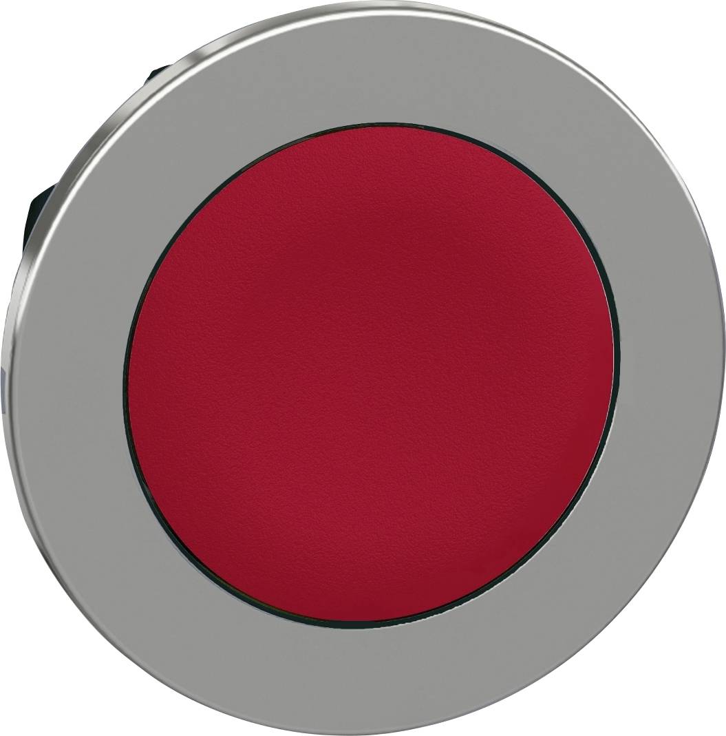 Ein runder, roter Knopf befindet sich in der Mitte einer silbernen Metallfassung.