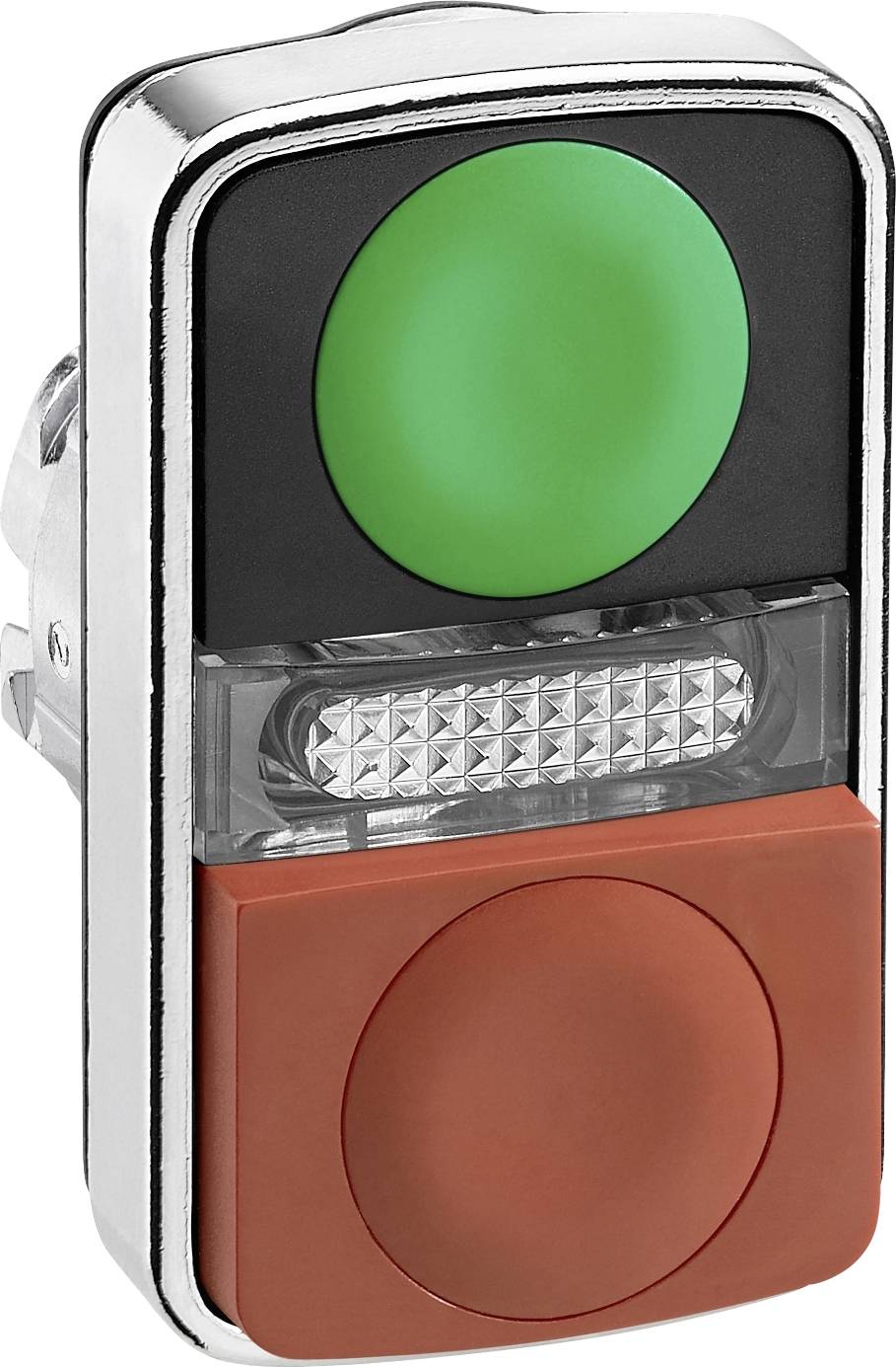 Ein rechteckiger Taster mit einem großen grünen Knopf oben und einem großen roten Knopf unten, zwischen ihnen ein rechteckiges Licht.