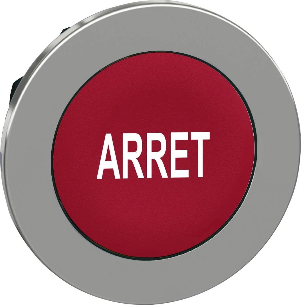 Roter Knopf mit der Aufschrift 'ARRET', was auf Französisch 'Stopp' bedeutet, auf grauem Hintergrund.