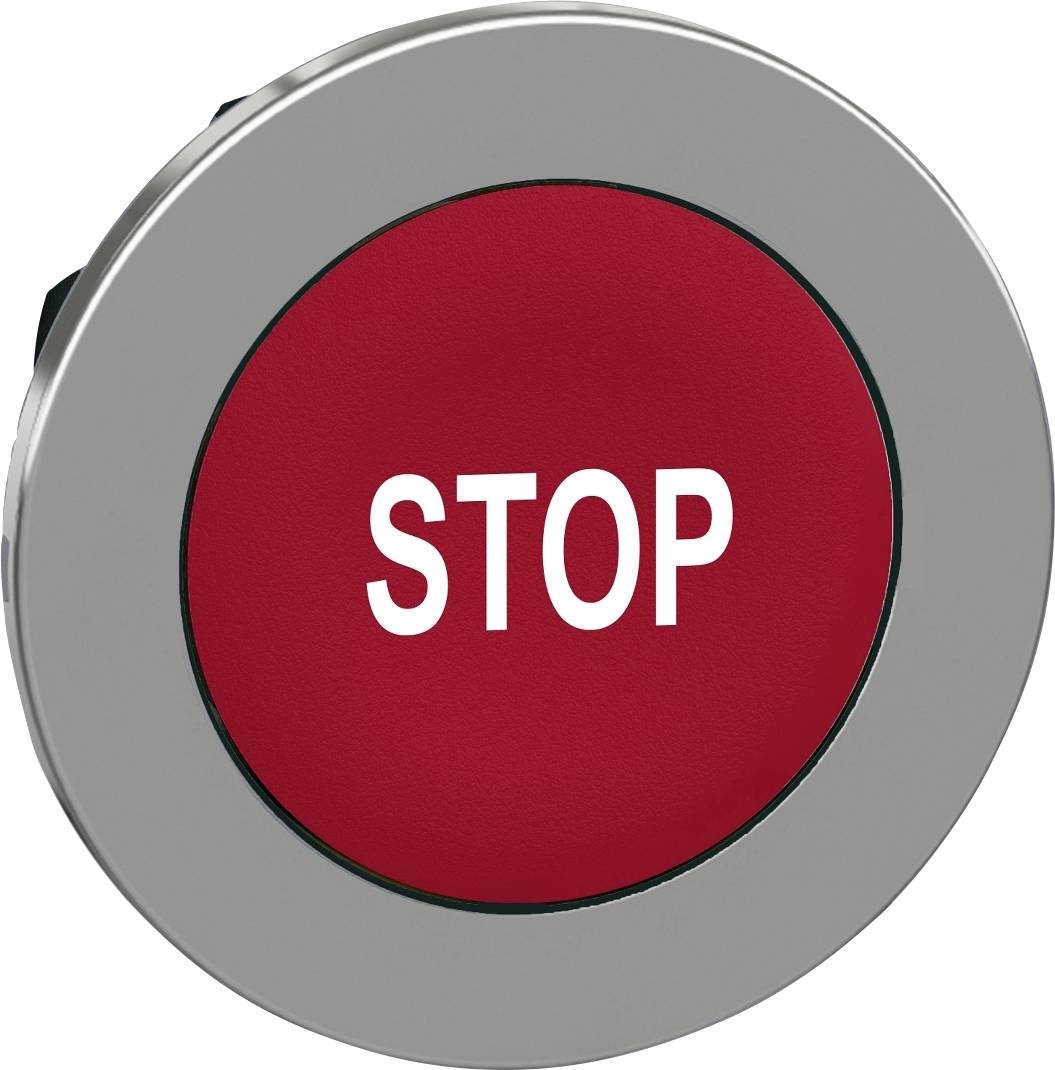 Roter Stop-Knopf mit weißem Text 'STOP' in der Mitte, auf grauem Hintergrund.