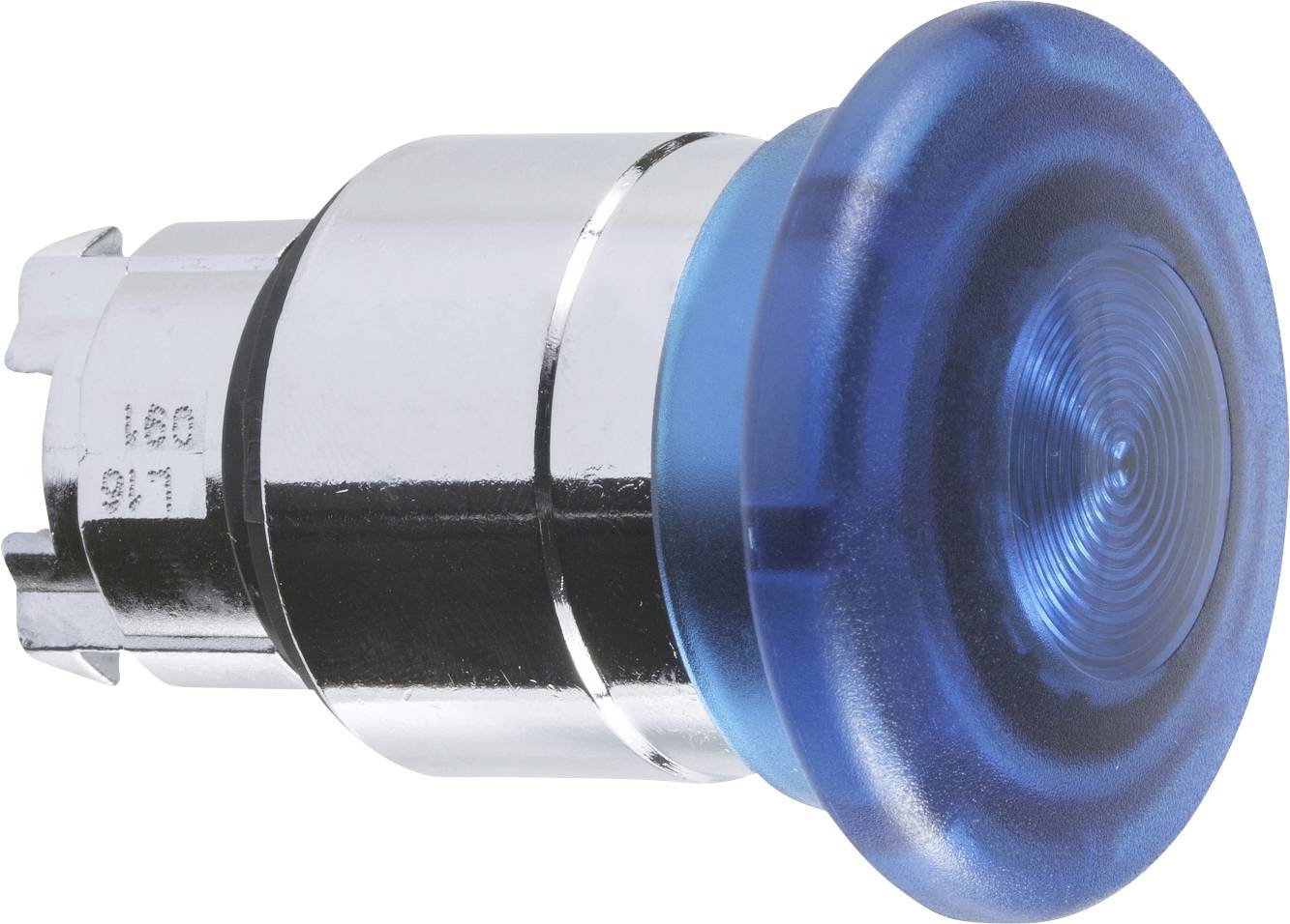 Silberner, zylindrischer Metallknopf mit blauem, runden Druckbereich. Der Knopf hat eine geriffelte Oberfläche und erscheint robust.