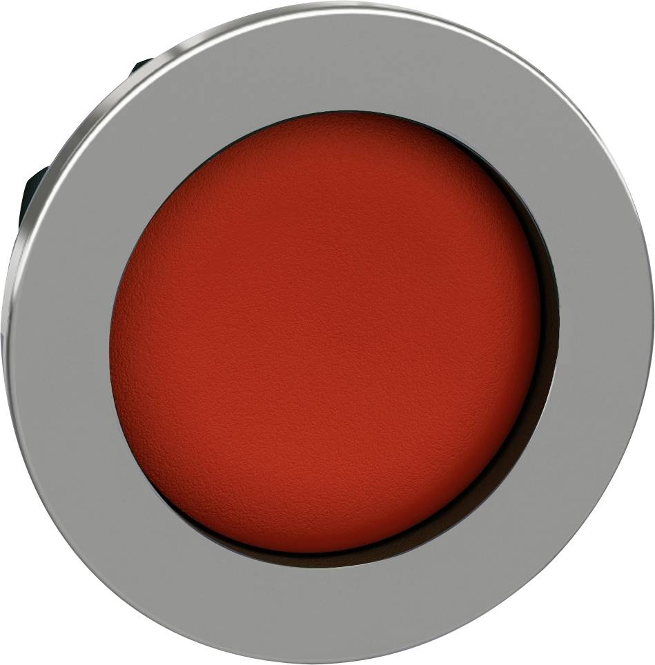 Roter Druckknopf, rund, in einem silbernen Rahmen.