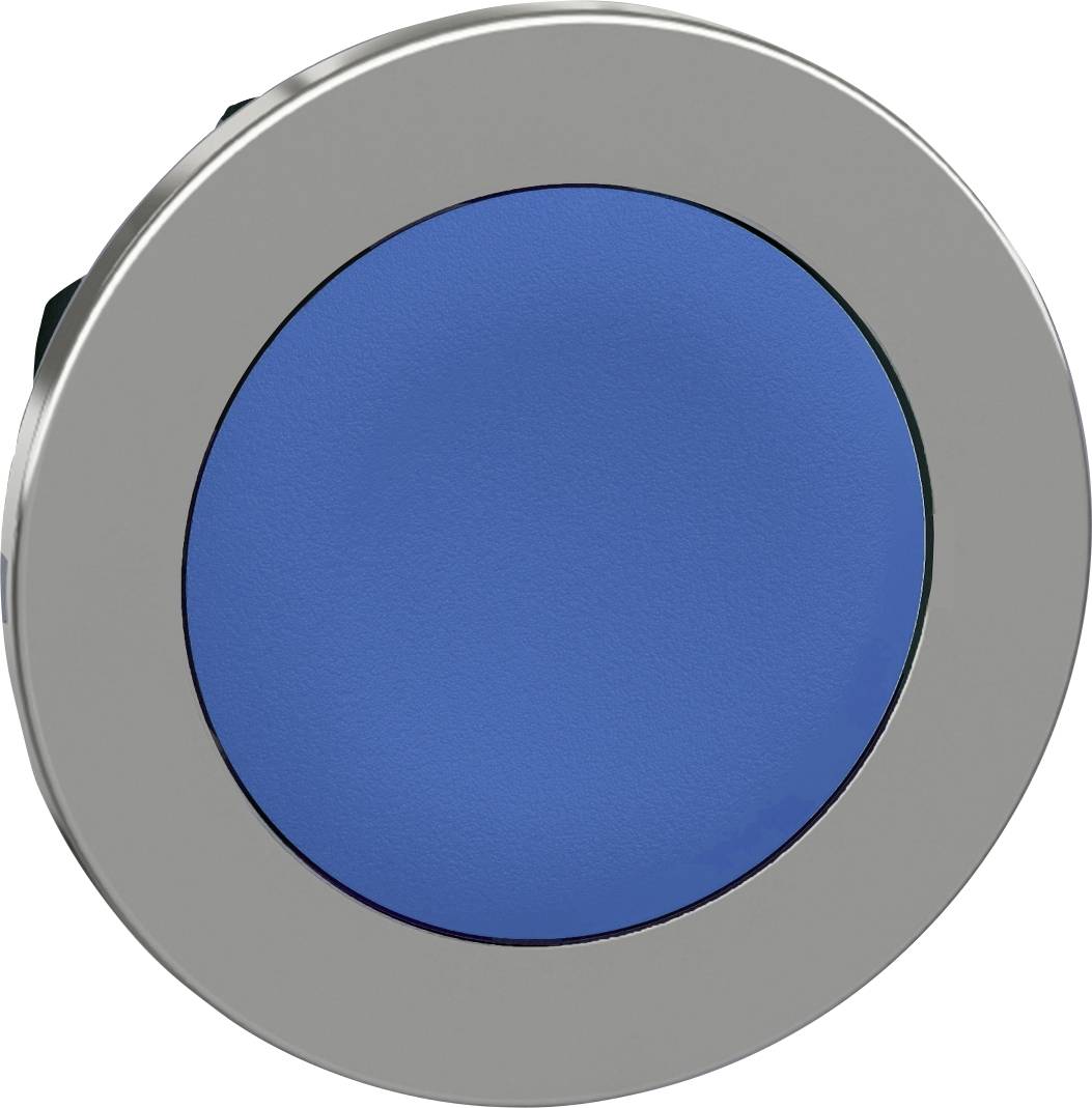 Runder Druckknopf mit einem blauen Zentrum und einem silbernen Rand. Geeignet für industrielle Maschinen- oder Gerätebedienung.