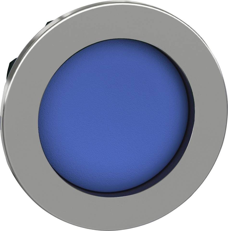 Runder blauer Knopf mit silbernem Rahmen, vermutlich ein Teil einer Maschine oder eines elektronischen Geräts.