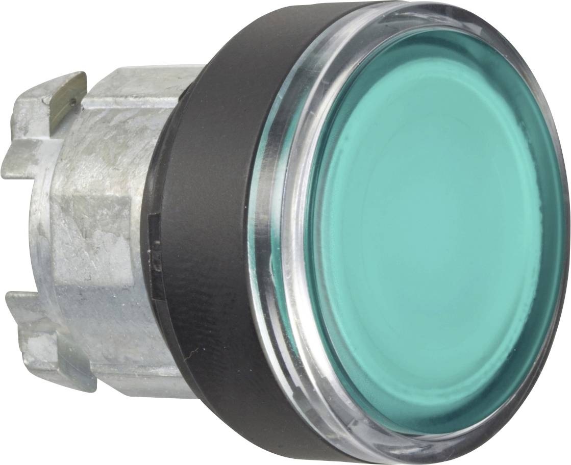 Ein großer grüner Druckknopf aus Metall und Kunststoff, typisch für Maschinen oder Geräte zur Bedienung oder Steuerung.