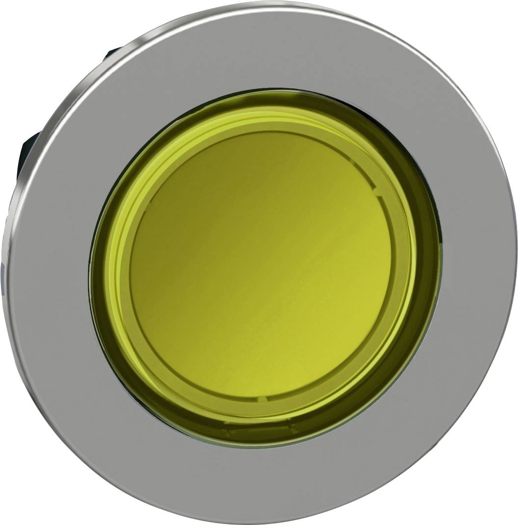 Runder gelber Knopf in silbernem Rahmen, typischerweise ein Teil eines elektrischen Schalters oder Panels.