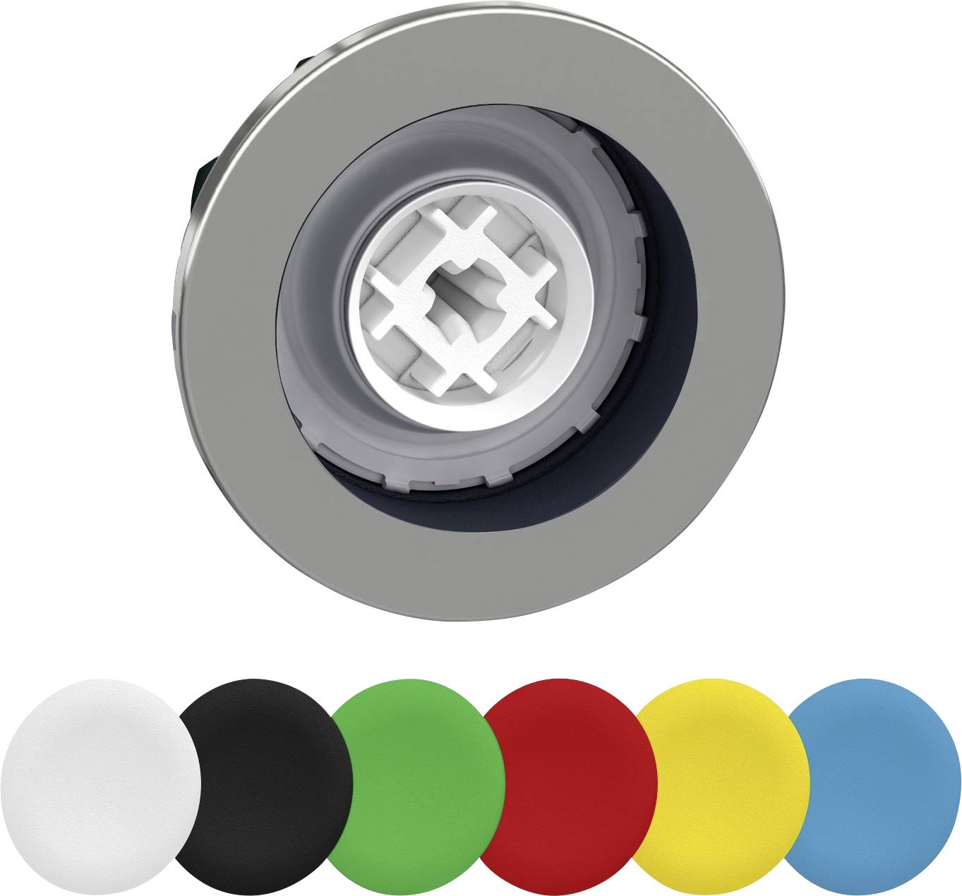 Sechs runde Kunststoffkappen in Weiß, Schwarz, Grün, Rot, Gelb und Blau vor einem silbernen kreisförmigen Knopf mit geometrischem Muster.