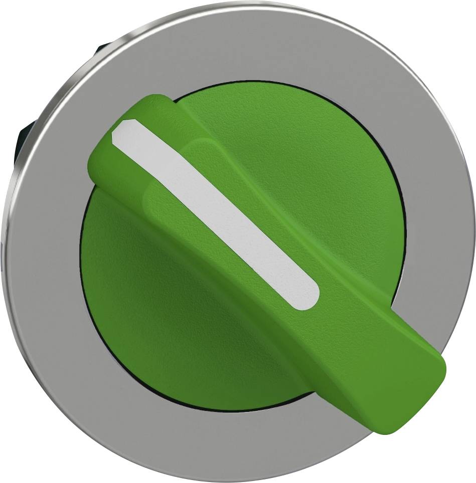 Ein runder, silberner Schalter mit einem grünen Hebel zeigt nach unten. Der Hebel hat einen weißen Streifen als Indikator.