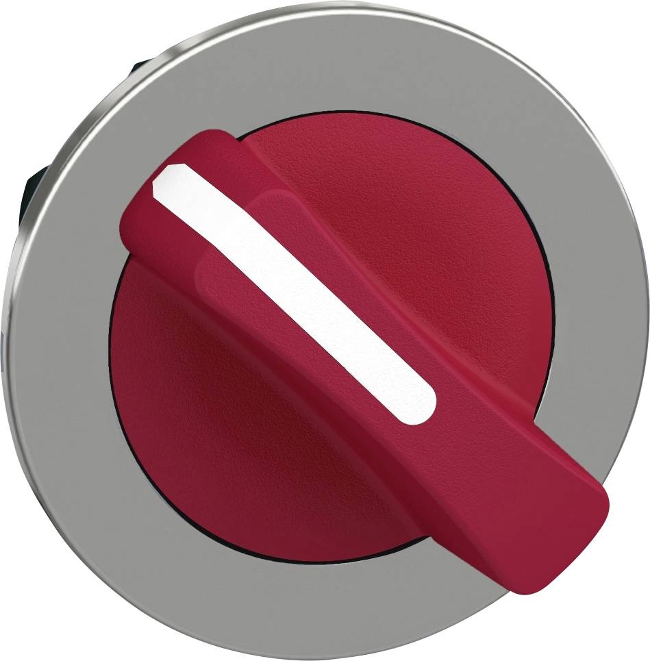 Roter Drehschalter auf einer grauen Platte, zeigt die Ein- oder Ausschaltfunktion.