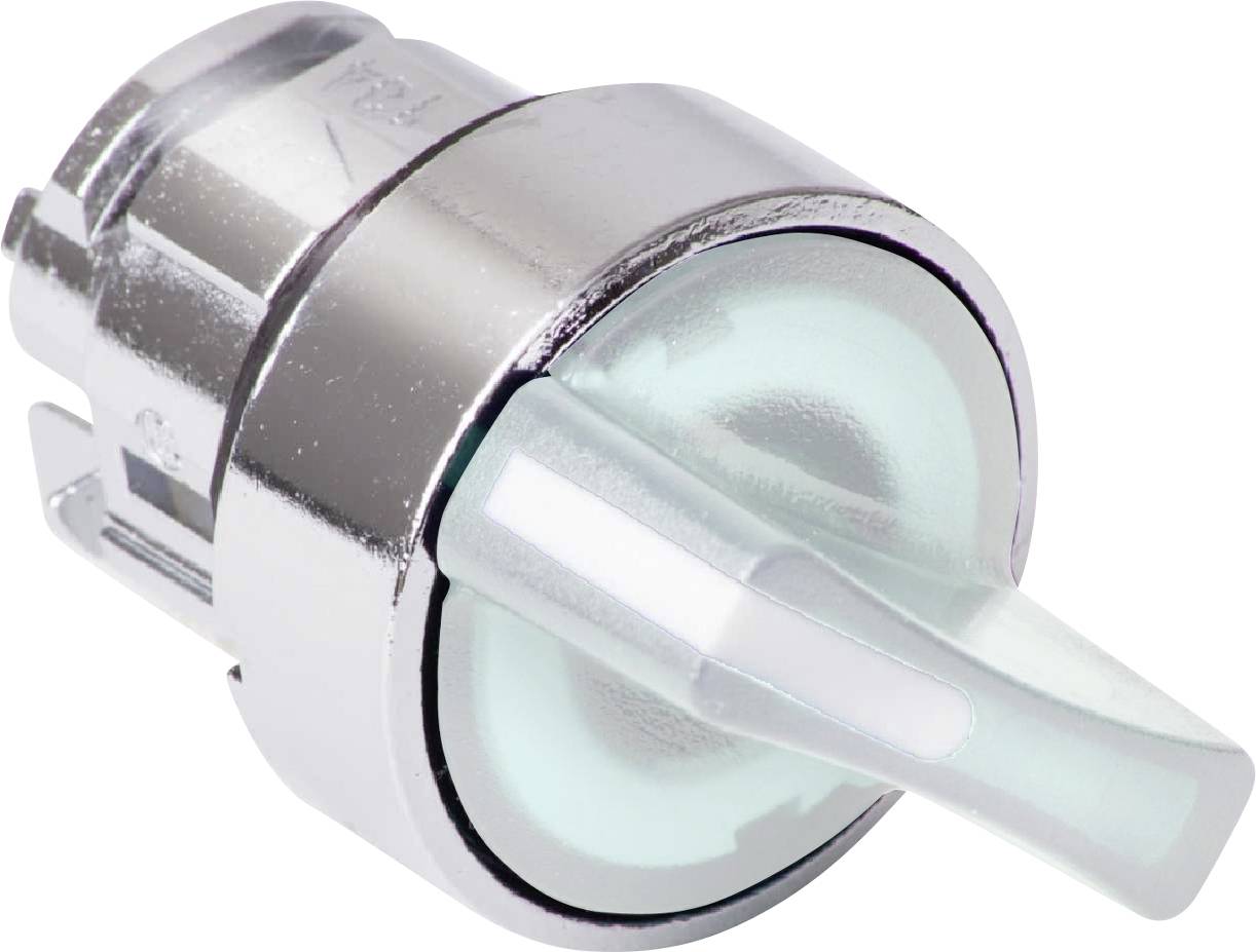 Schaltknopf in Chromoptik mit transparenter, grüner Kunststoffspitze, geeignet für elektronische Geräte oder Maschinensteuerung.