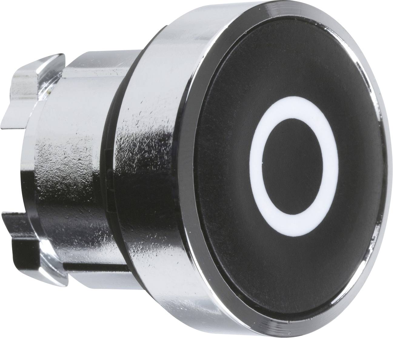 Schwarzer Drucktaster mit silbernem Rand und kreisförmigem Symbol in der Mitte. Verwendet zur Steuerung elektrischer Geräte.
