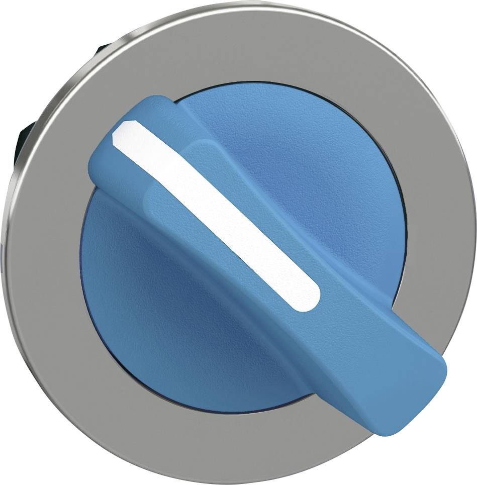 Ein blauer Drehknopf auf einer kreisförmigen grauen Basis, zeigt mit einem weißen Pfeil nach oben, wahrscheinlich ein Steuerschalter.