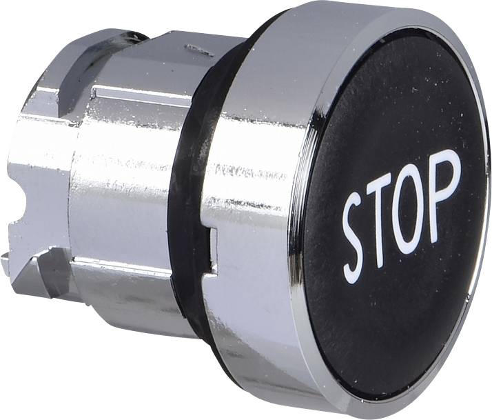 Metallischer Druckknopf mit schwarzer Oberfläche, beschriftet mit 'STOP'.