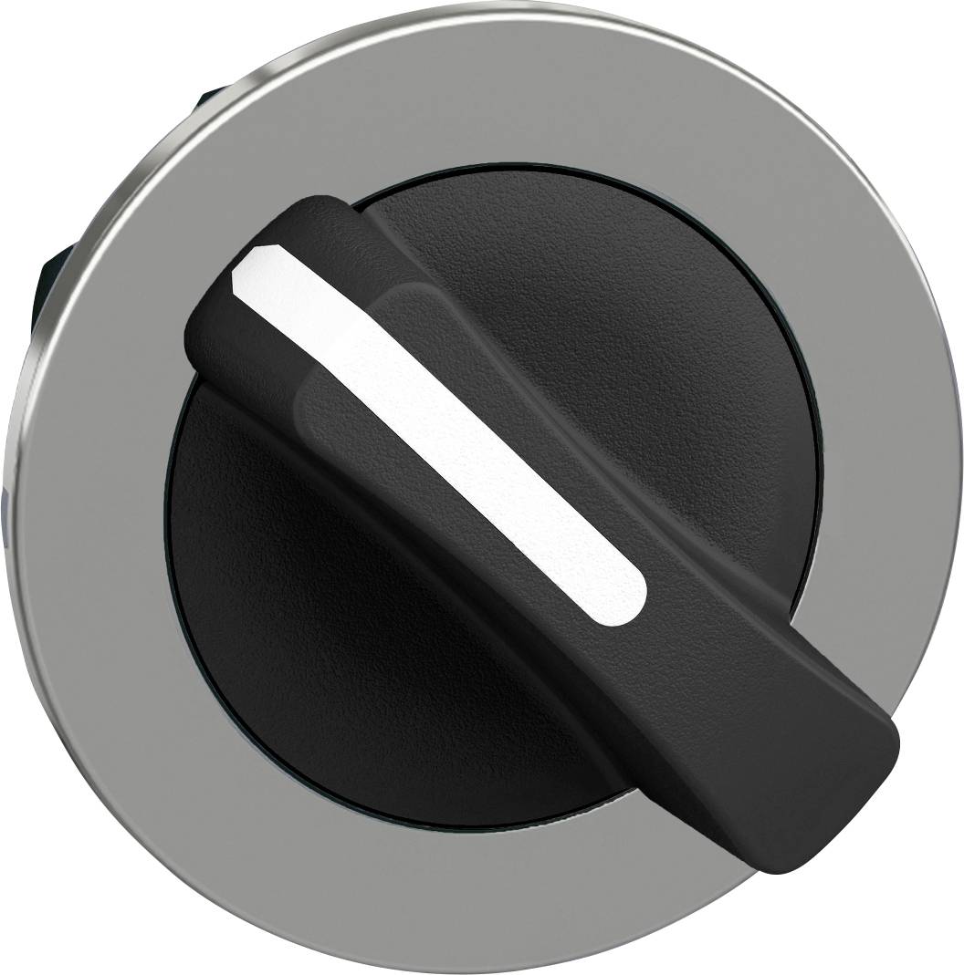 Schwarzer Drehschalter mit silberner Umrandung in mittlerer Position. Dient zur Steuerung von elektronischen Geräten oder Maschinen.