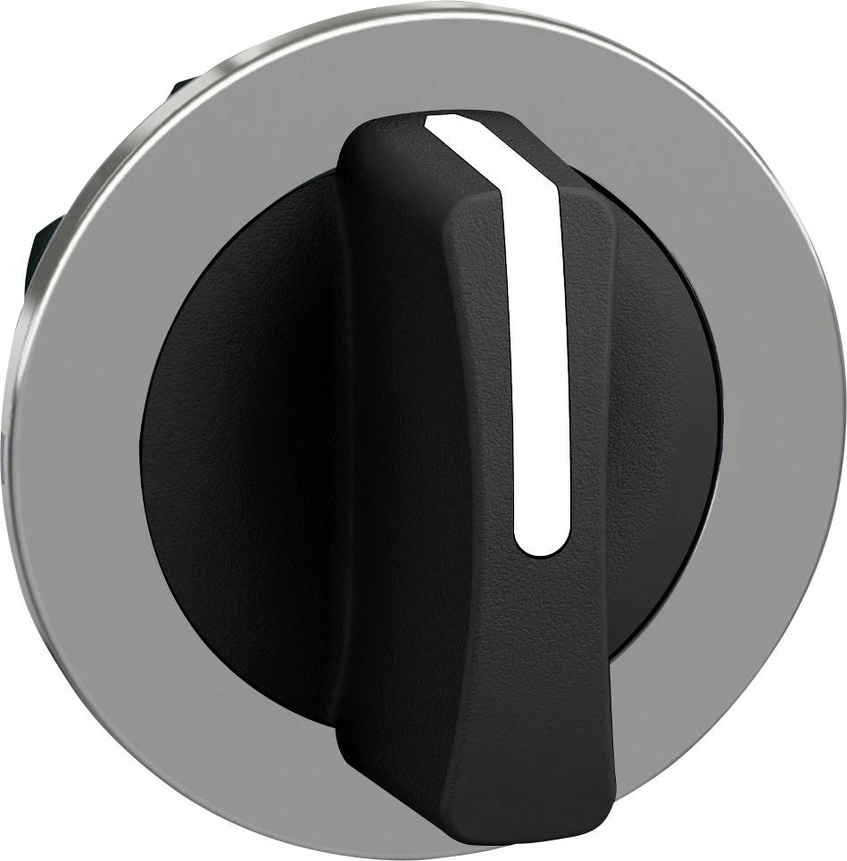 Nahaufnahme eines schwarzen Drehschalters mit weißer Markierung; Metallrand.