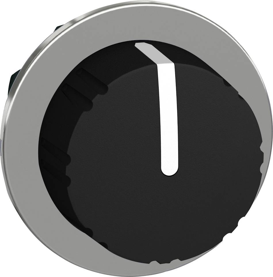 Ein schwarzer Drehknopf mit silbernem Rand und weißem Strich zur Positionierung.