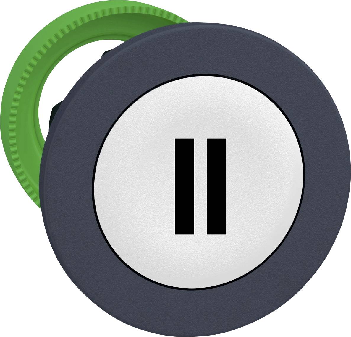 Grüner Not-Aus-Taster mit schwarz-weißem Pausensymbol auf der Vorderseite.