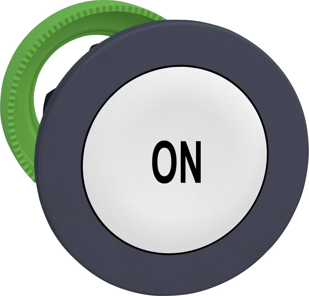 Ein runder Knopf mit grauem Rand und weißem Zentrum zeigt das Wort 'ON'. Der grüne Kragen signalisiert, dass der Knopf aktiv ist.
