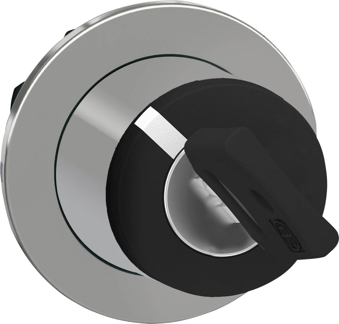 Ein silberner und schwarzer Drehschalter aus Metall, vermutlich für industrielle Anwendungen.