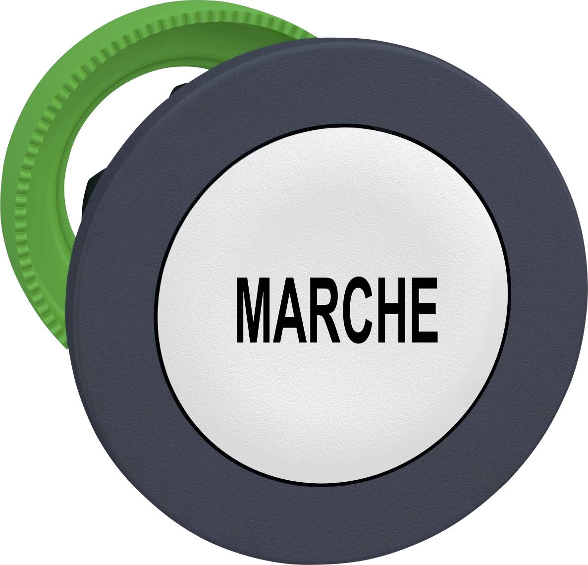 Ein grüner Knopf mit der Aufschrift 'MARCHE', was 'START' bedeutet.