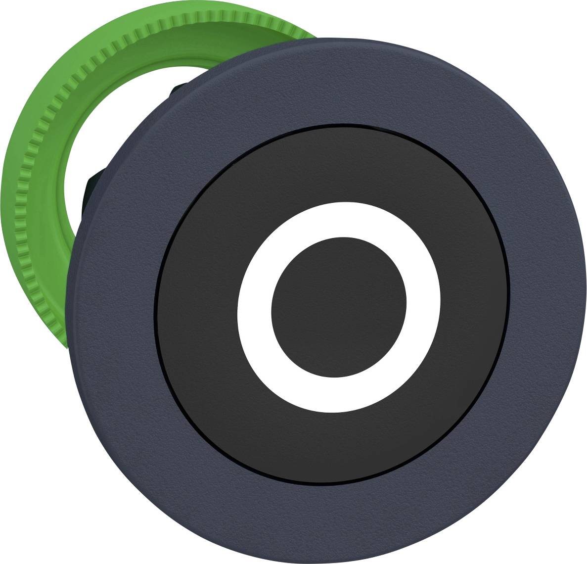 Ein runder, schwarzer Knopf mit einem weißen Kreis darauf, umgeben von einem grünen Ring. Der Knopf scheint eine Taste zu sein.