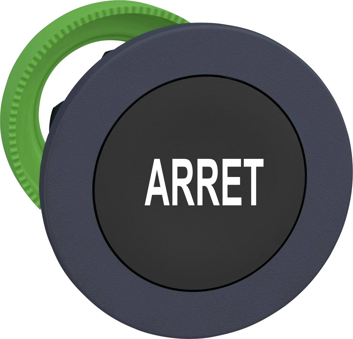 Ein großer grauer Knopf mit der Aufschrift 'ARRET' in weißen Buchstaben. Der Knopf hat einen grünen Ring und signalisiert Stoppen.