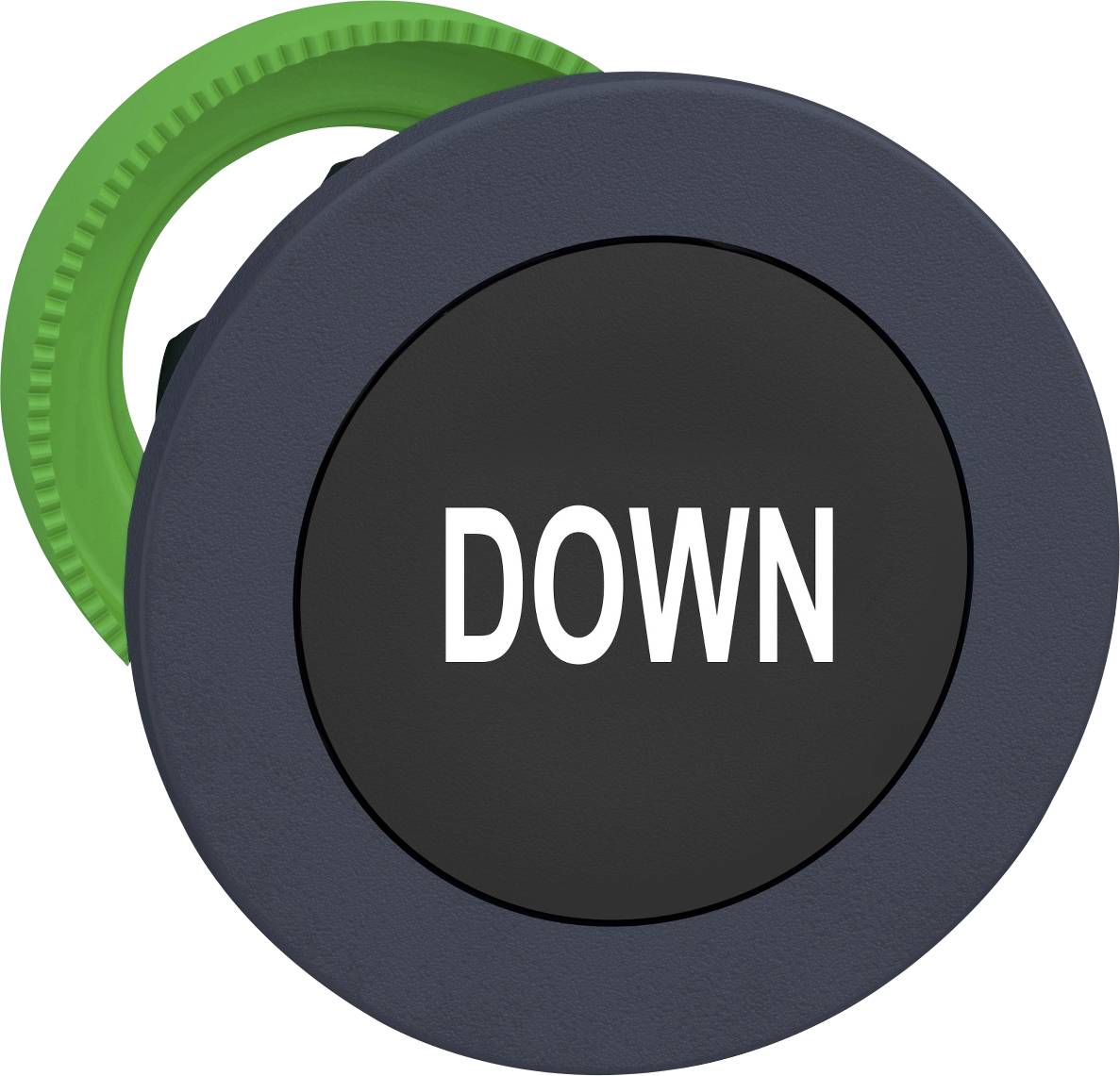 Schwarzer Knopf mit weißer Aufschrift 'DOWN' in der Mitte, umgeben von einem grünen Ring.