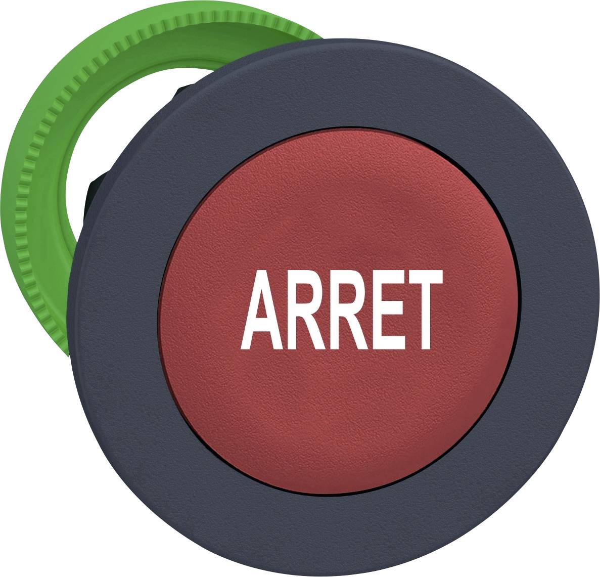 Roter Druckknopf mit dem Wort 'ARRET', umgeben von einem schwarzen Ring und grünem Teil. Er signalisiert Stopp oder Abschaltung.