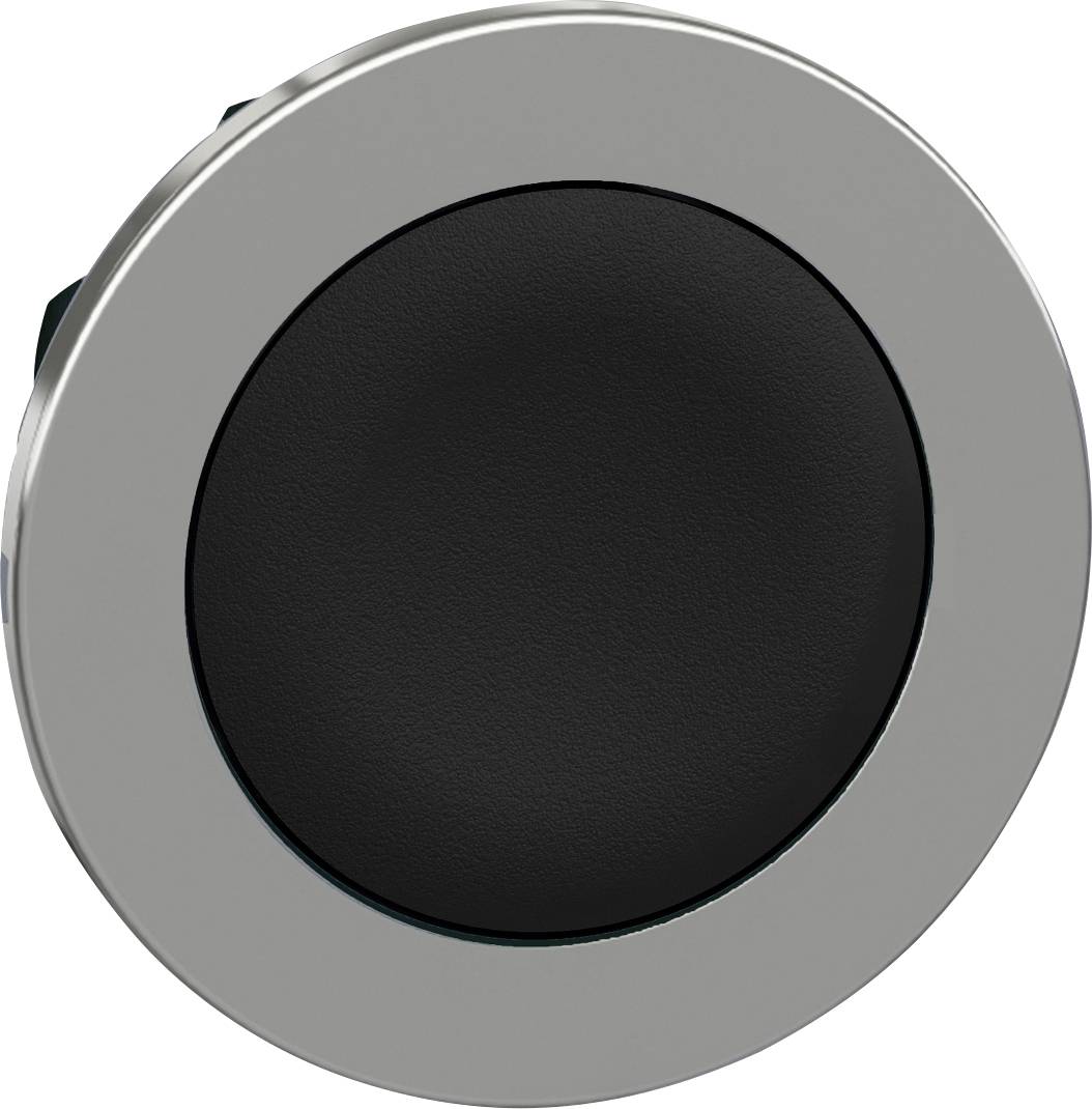Ein runder Knopf mit schwarzem Zentrum und silberner Umrandung.