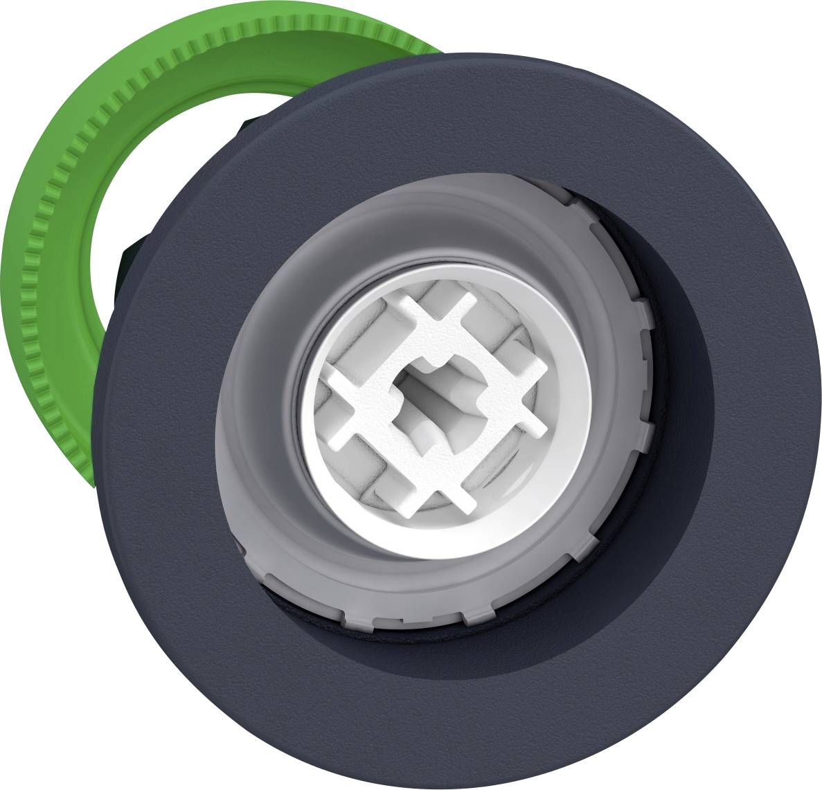 Plastikbauteil mit einem schwarzen äußeren Ring, einem grauen mittleren Abschnitt und einem grünen Zahnrad auf der Oberseite.