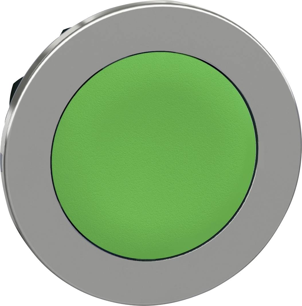 Grüner runder Knopf in einem silbernen Gehäuse.