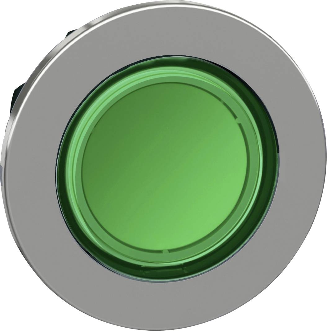 Grüner runder Knopf mit silbernem Rand, vermutlich ein Druckknopf oder Schalter.