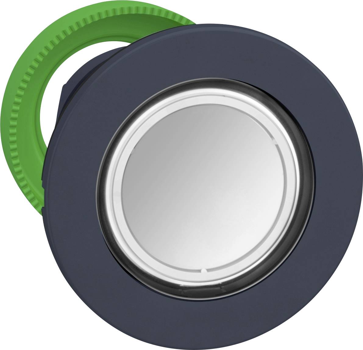 Druckschalter mit rundem, silbernem Knopf in schwarzem Gehäuse, umgeben von grünem Adapterring. Geeignet für industrielle Anwendungen.