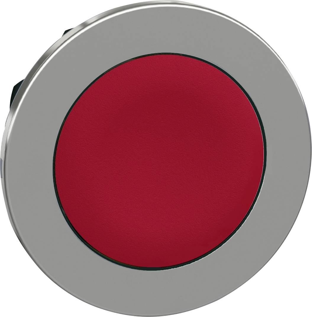 Roter Knopf mit silbernem Rand auf weißem Hintergrund.