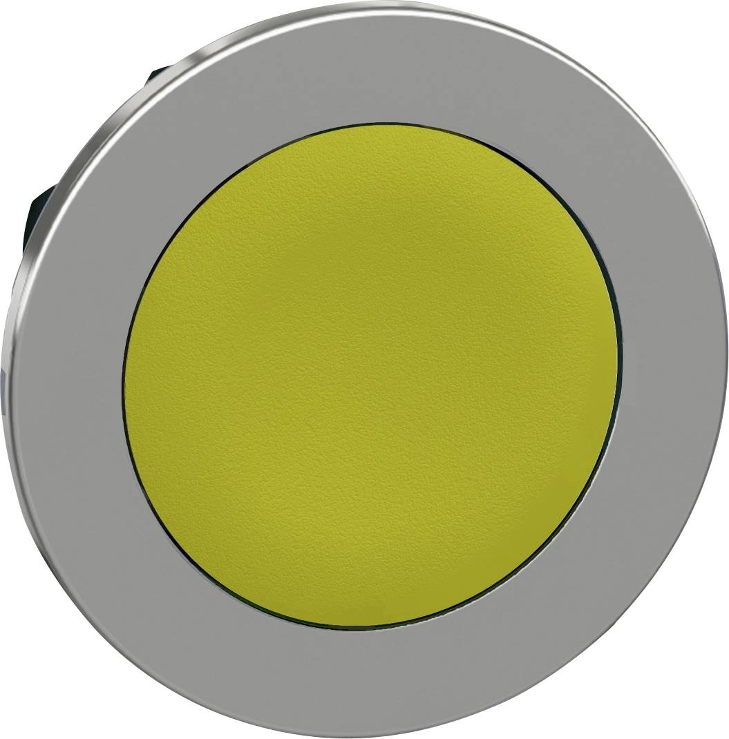 Gelber runder Knopf auf grauem metallischen Hintergrund, wahrscheinlich Teil eines Geräts, das zum Starten oder Aktivieren dient.