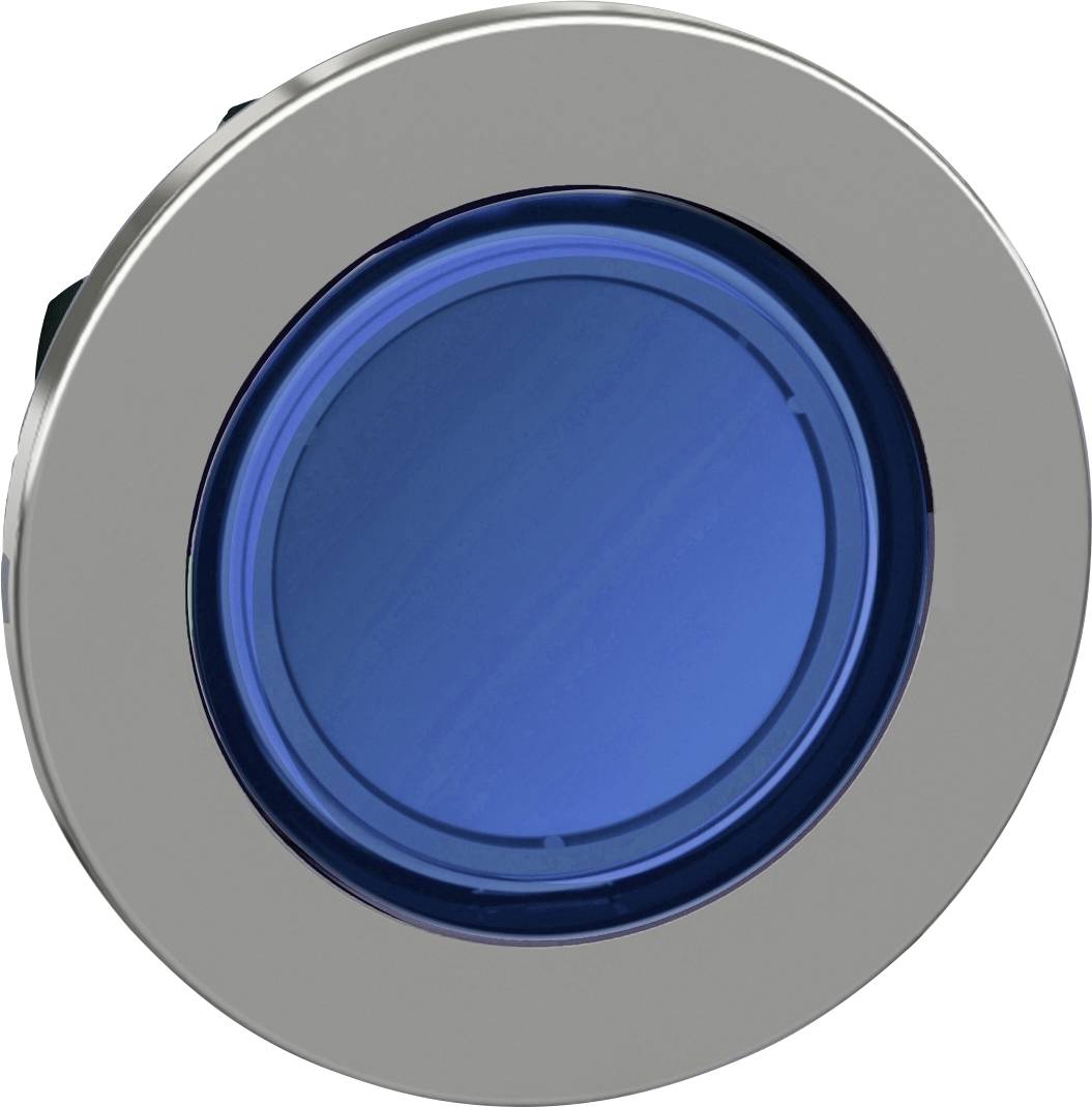 Ein runder blauer Knopf mit silbernem Rand.