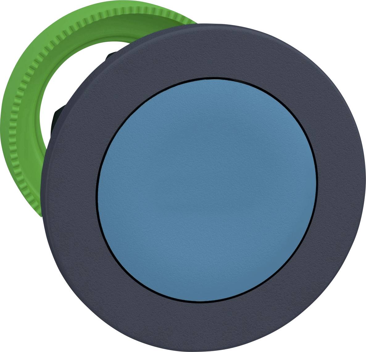 Blauer Drucktaster mit grünem Ring, verwendet in Steuerpulten für Maschinenbetrieb.