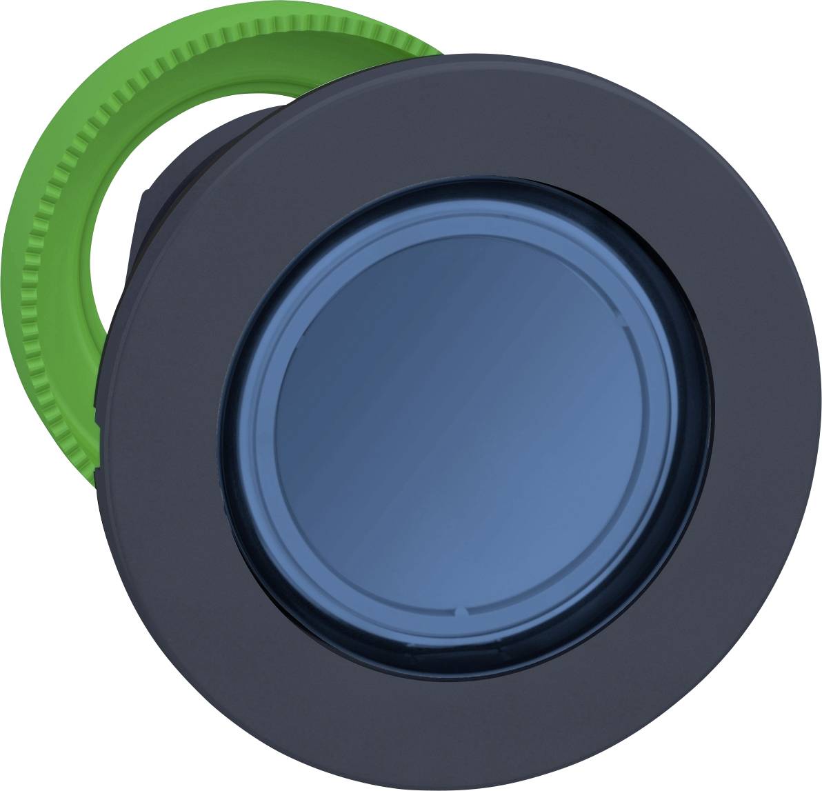Runder blauer Knopf mit grünem Zahnrad, möglicherweise Teil eines elektronischen Geräts oder Schalters.