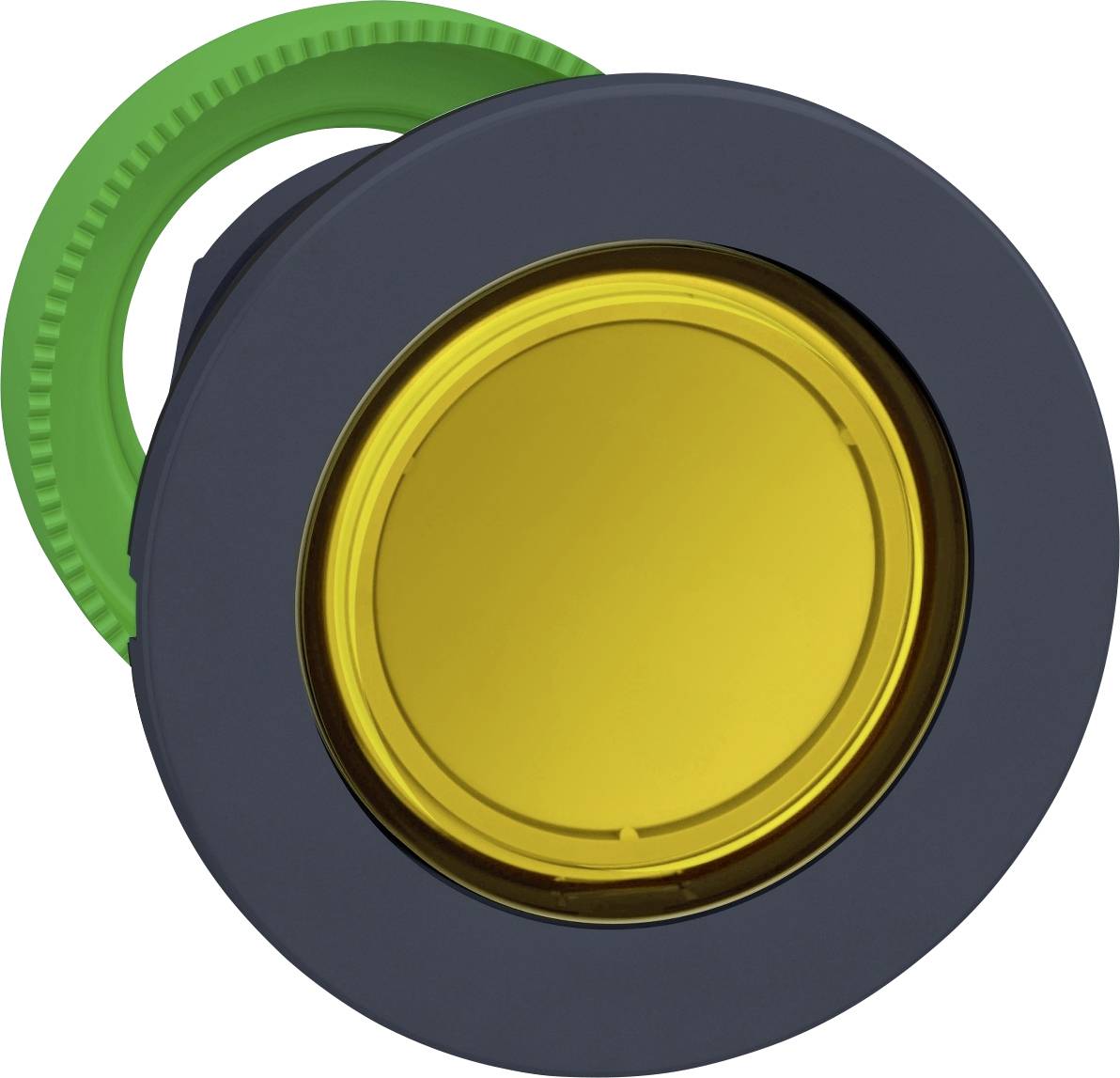 Gelber Druckknopf mit rundem schwarzen Gehäuse und grünem Befestigungsring, oft verwendet in industriellen Steuerungssystemen.