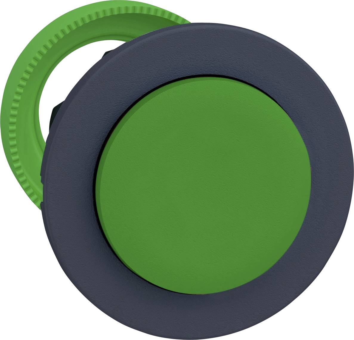 Grüner runder Knopf mit einem grünen Kreissymbol auf dunkler Basis, möglicherweise ein Bedienelement.