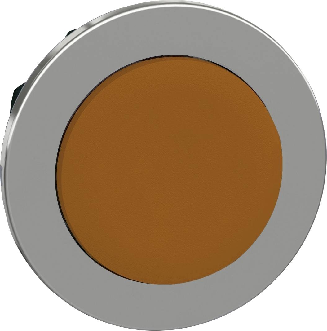 Ein orangefarbener runder Knopf in einem silbernen Gehäuse, möglicherweise ein Druckknopf oder Schalter.