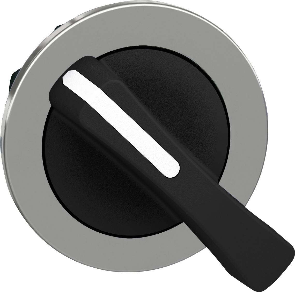 Runder, metallener Drehknopf mit schwarzem Griff. Der Knopf ist in der Mitte eines silbernen Rings und wirkt industriell.