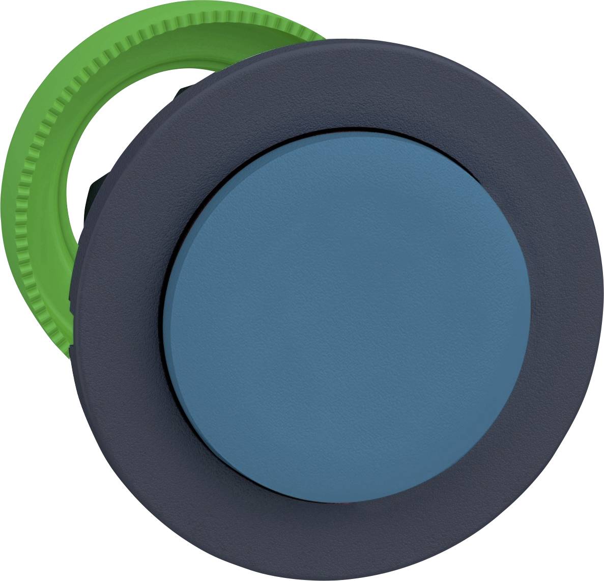 Ein runder blauer Knopf mit grüner Verzierung auf der Rückseite, möglicherweise ein elektronischer Druckknopf für industrielle Anwendungen.